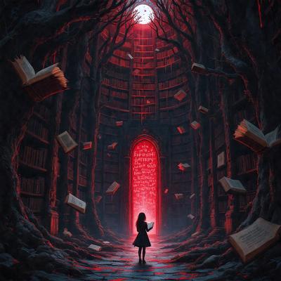 The primary subject of the image is a young girl standing in a dark, red-lit room filled with books. The setting appears to be a library or a similar environment with numerous books scattered throughout the room. The visual style of the image is a digital art or illustration, creating a dramatic and moody atmosphere. The dominant colors in the scene are red and black, which contribute to the overall mood and ambiance of the image.